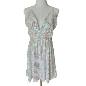 Southern FRIED CHICS Womens Mini Dress Size L White Iridescent Sequin Party